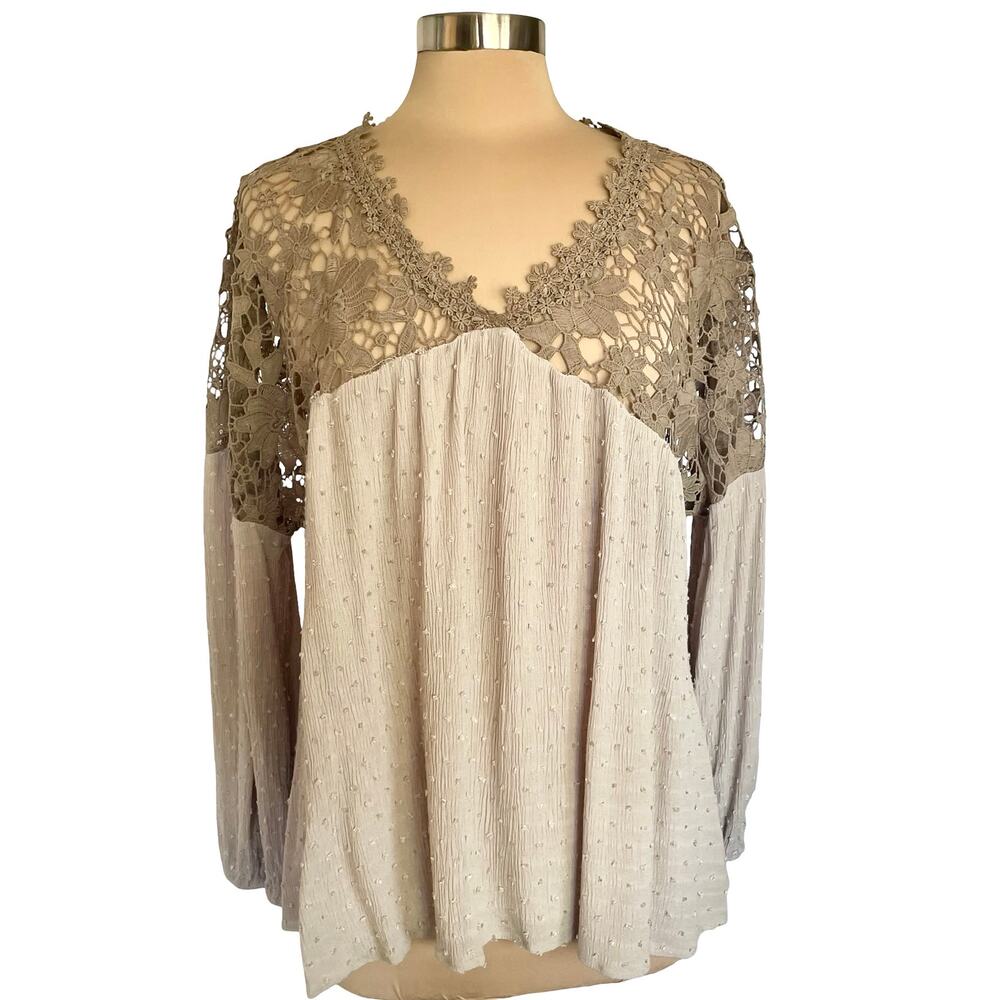 Oddy Crinkle & Crochet Lace Boho Top Taupe Sz 1XL Swiss Dot Long Sleevesโ Casual